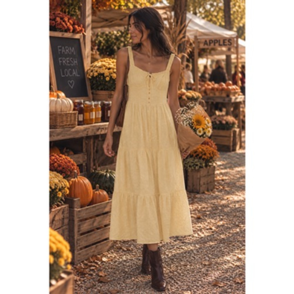 Sim & Sam YellowEyelet Tiered Midi Sundress -Milkmaid / Cottagecore Style Size M